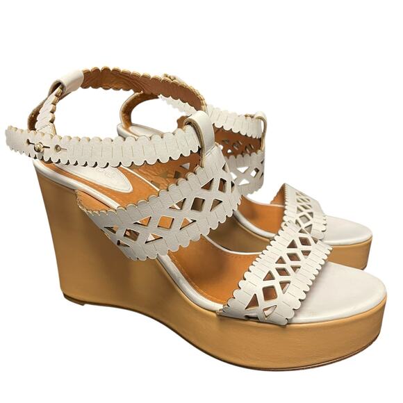 Chloe White Laser Cutout Leather Platform Wedge Sandals 38.5 / US8